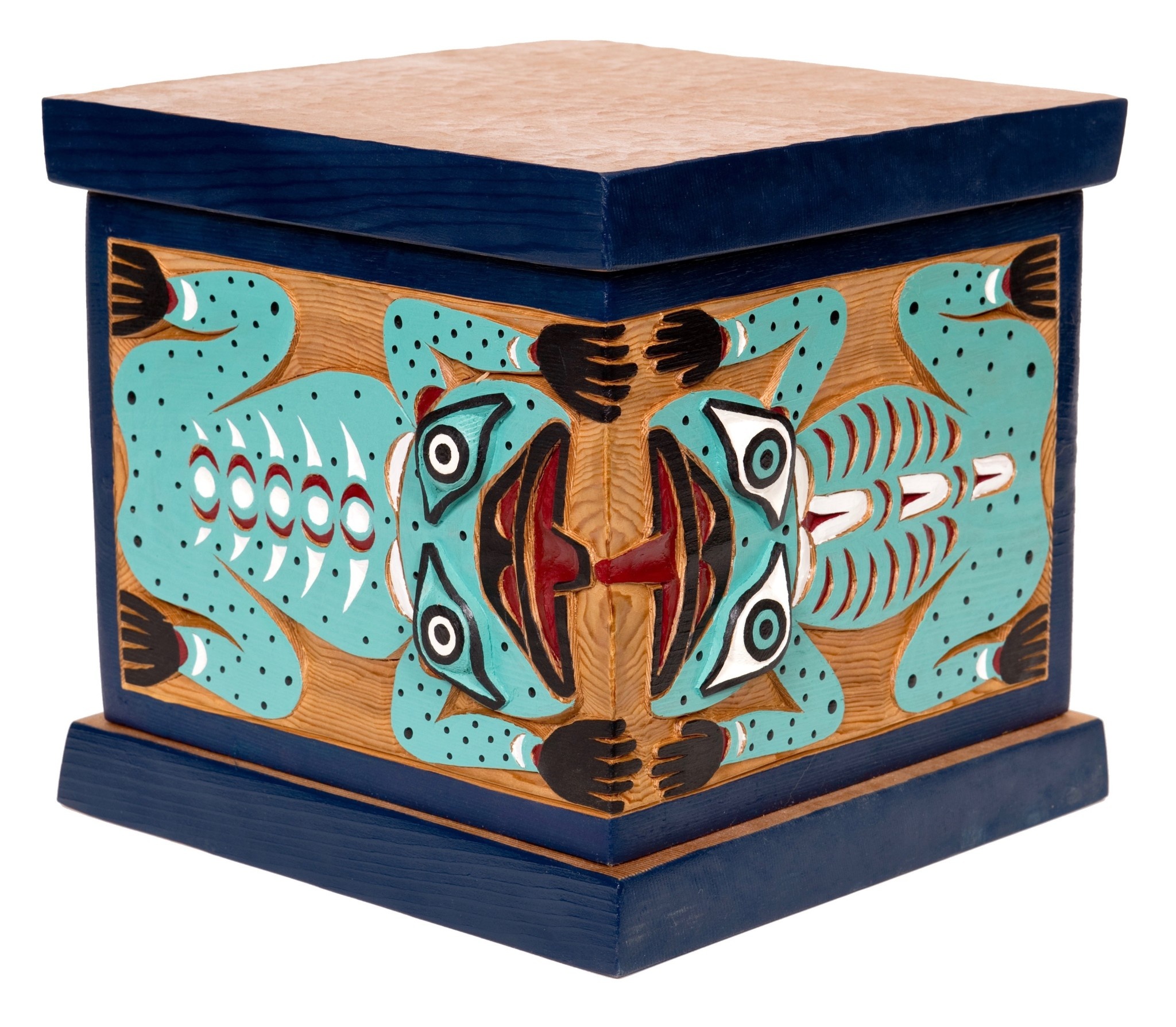 Steam bent box constructed, carved and painted with Traditional Coast Salish design - Frog, Wolf, Human.  10" square.