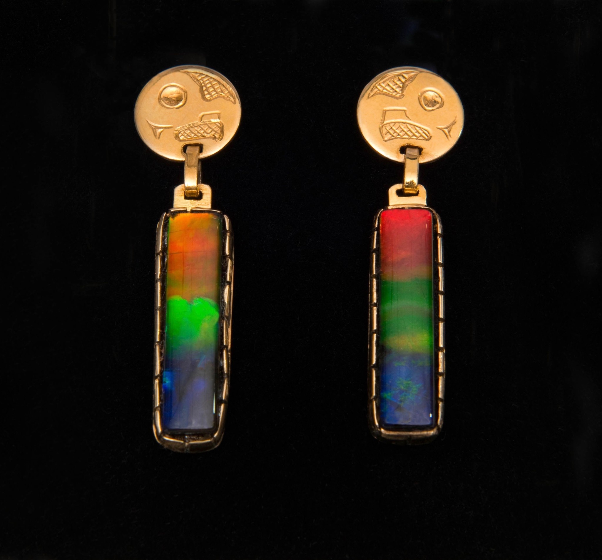 18 kt and AAA Ammolite Earrings - Owl Design