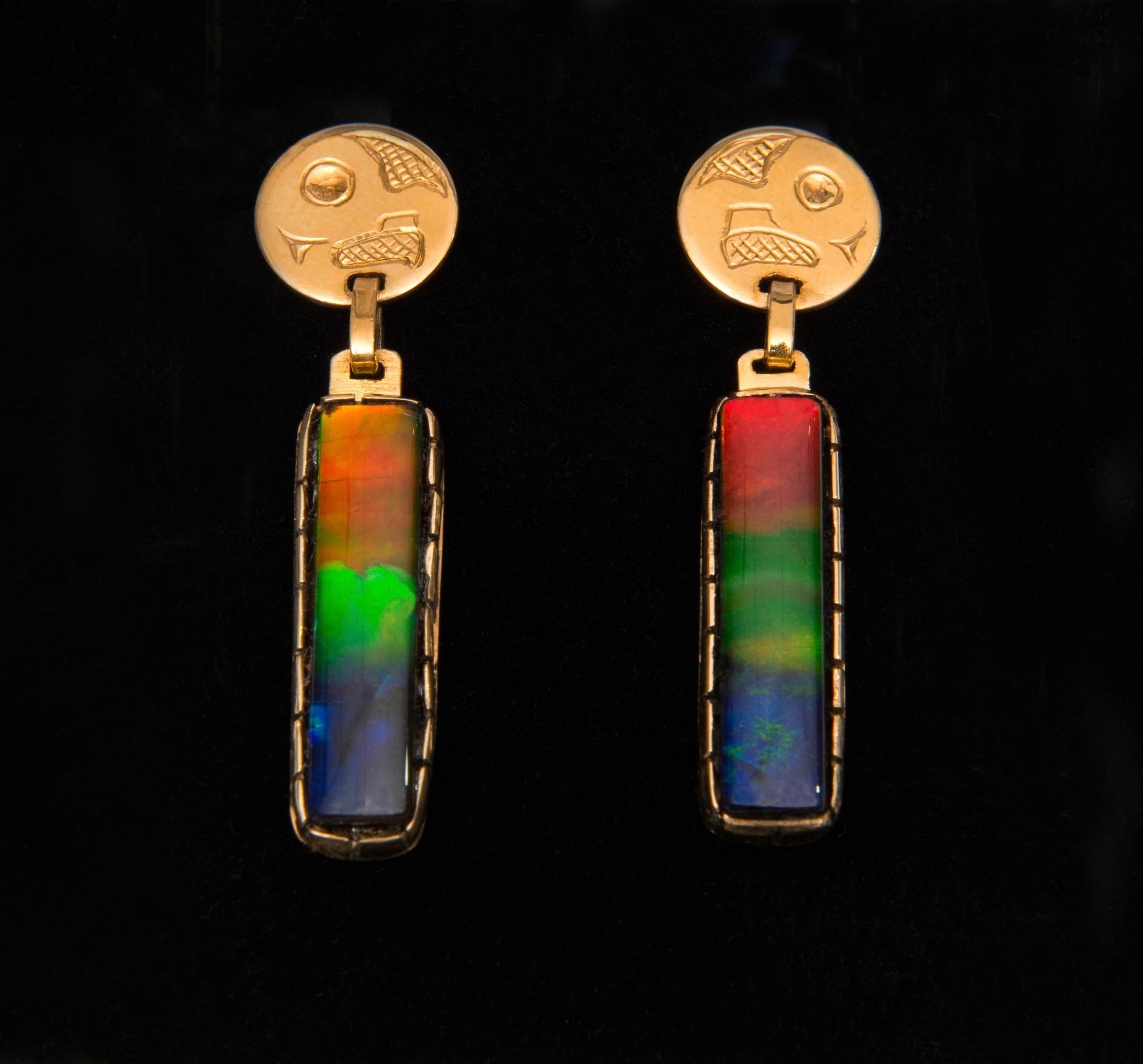 18 kt and AAA Ammolite Gold Earrings - Owl Design