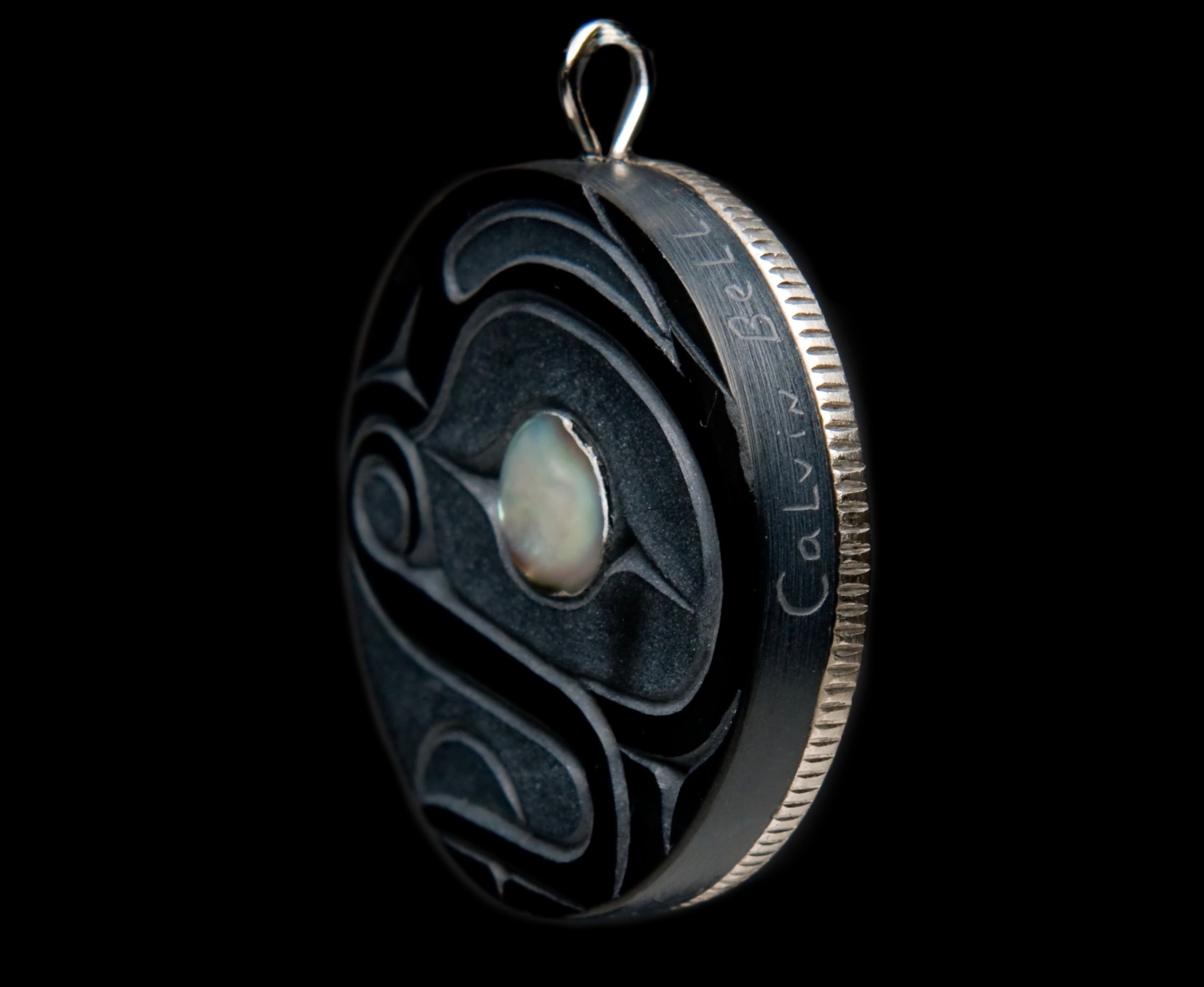 SOLD  Frog Argillite Pendant with Silver Haida Dollar