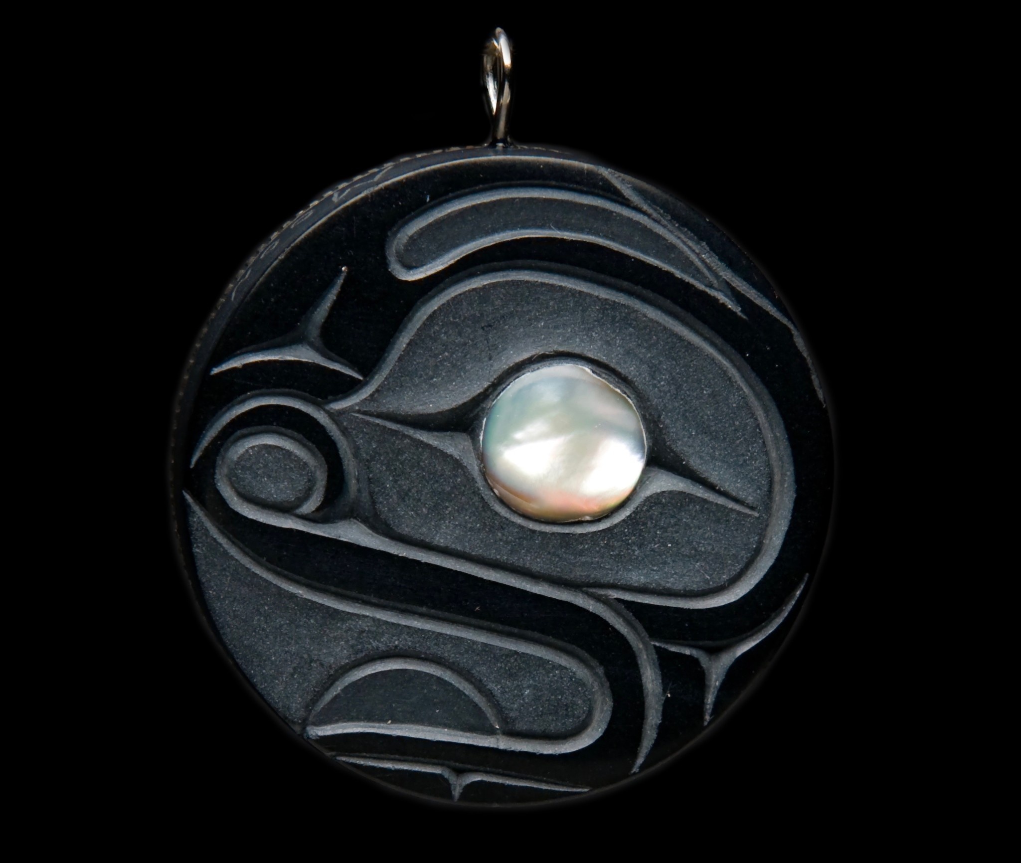 SOLD  Frog Argillite Pendant with Silver Haida Dollar