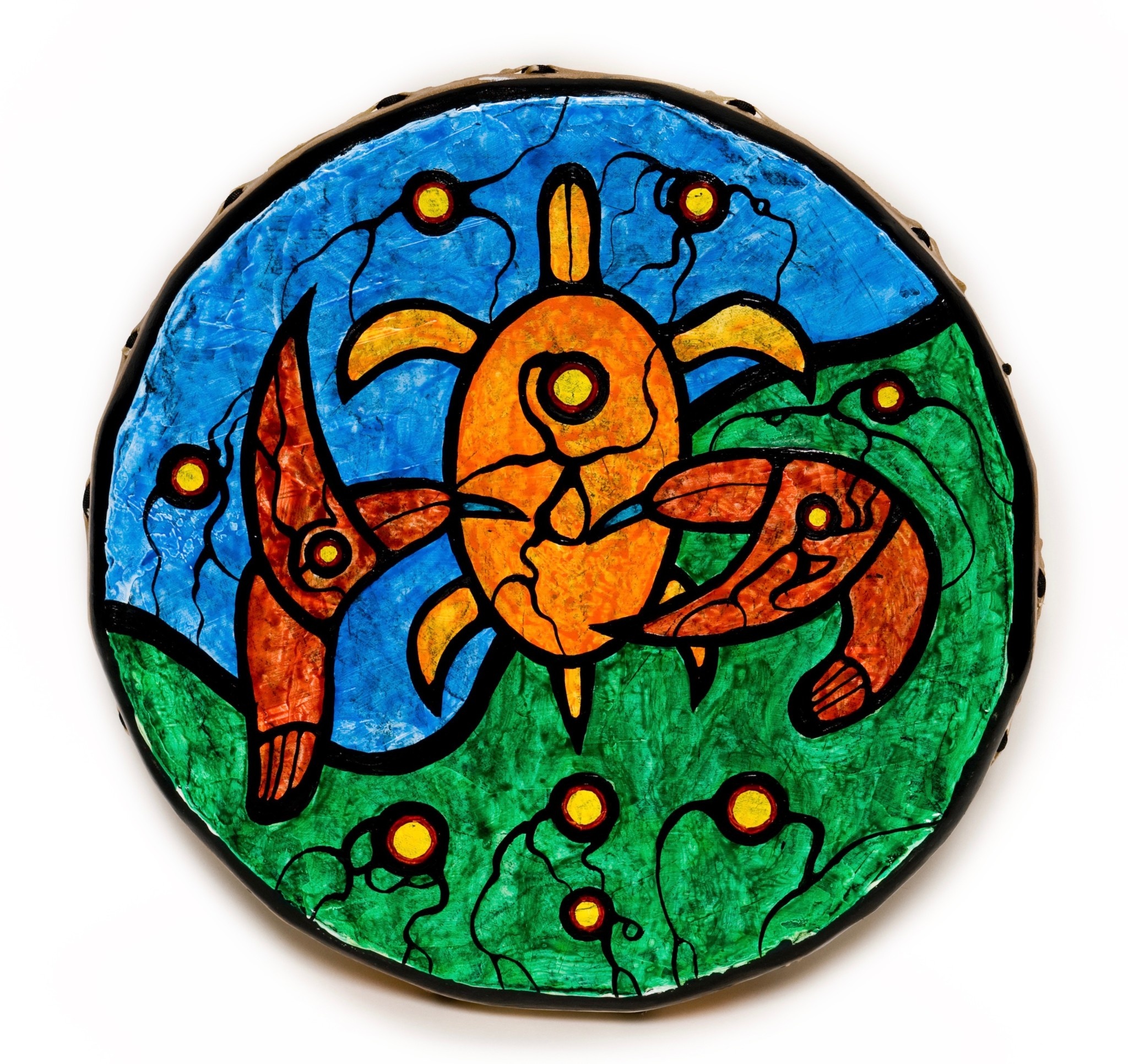 Turtle and Hummingbirds Drum painted by Kevin Cardinal (Cree).