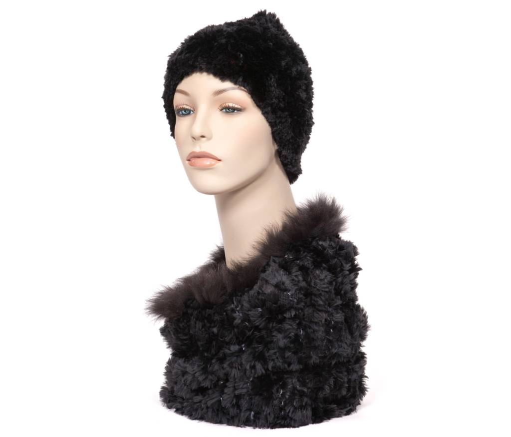 Luxuriously Soft Black Fur Cowl - Infinity Scarf with Fox Trim (Dene)