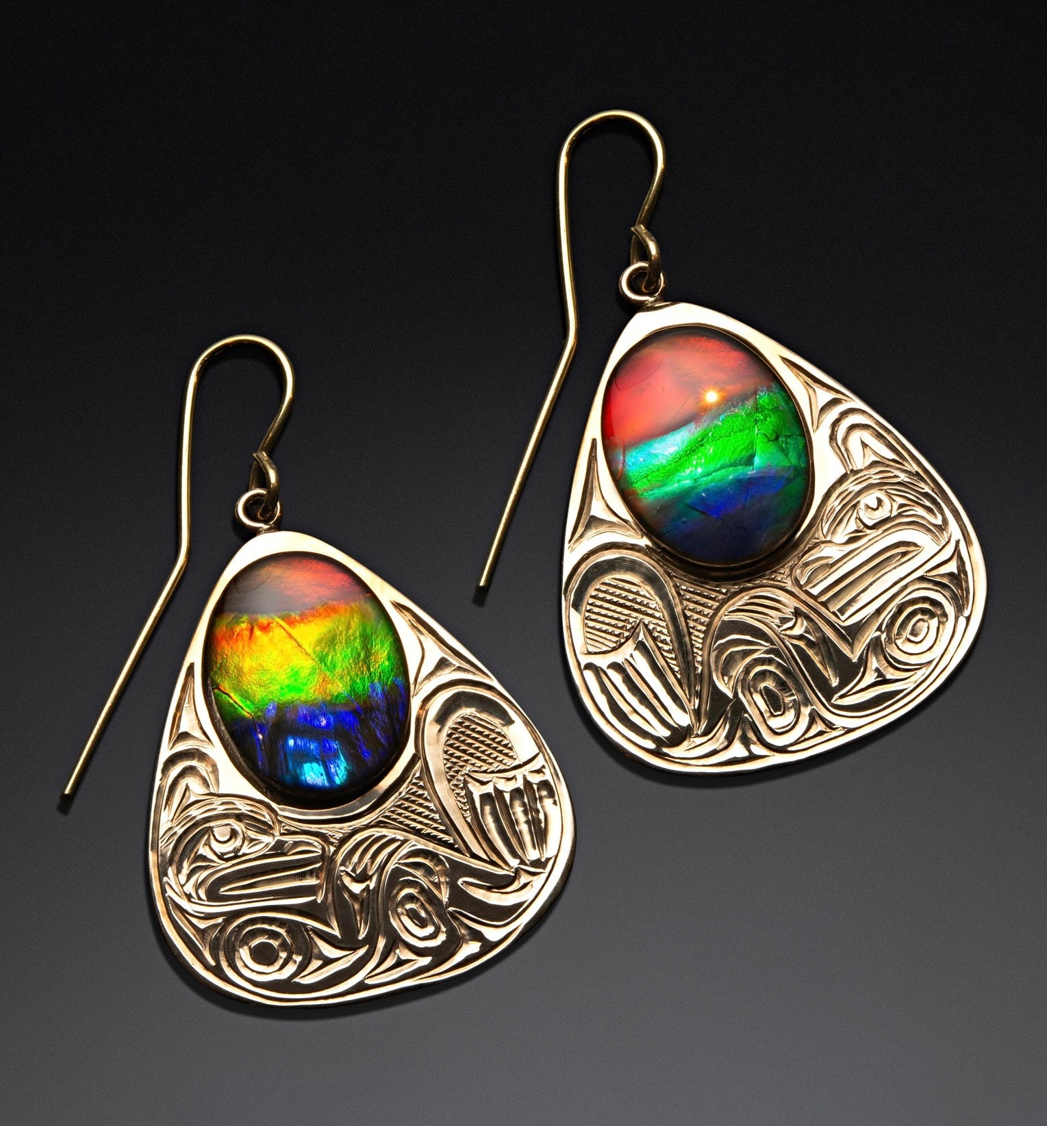 Richie Baker Gold on Silver with Ammolite Otter Earring