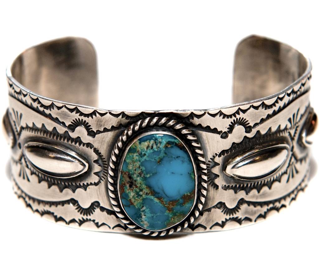 Bisbee Turquoise Silver Bracelet by Etta and Randy Endito (Navajo).