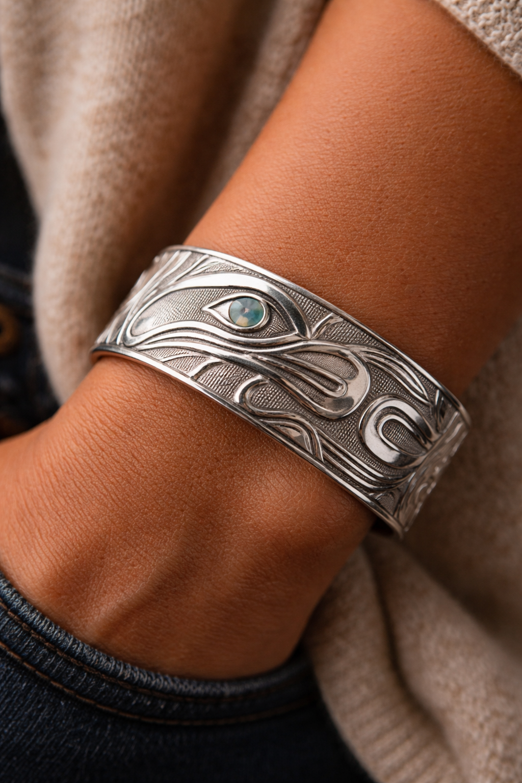 close up of wrist wearing silver bracelet