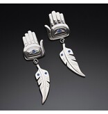 Repousse Welcome Hand and Feather Earrings with Sapphires