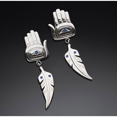 Repousse Spirit Hand and Feather Earrings