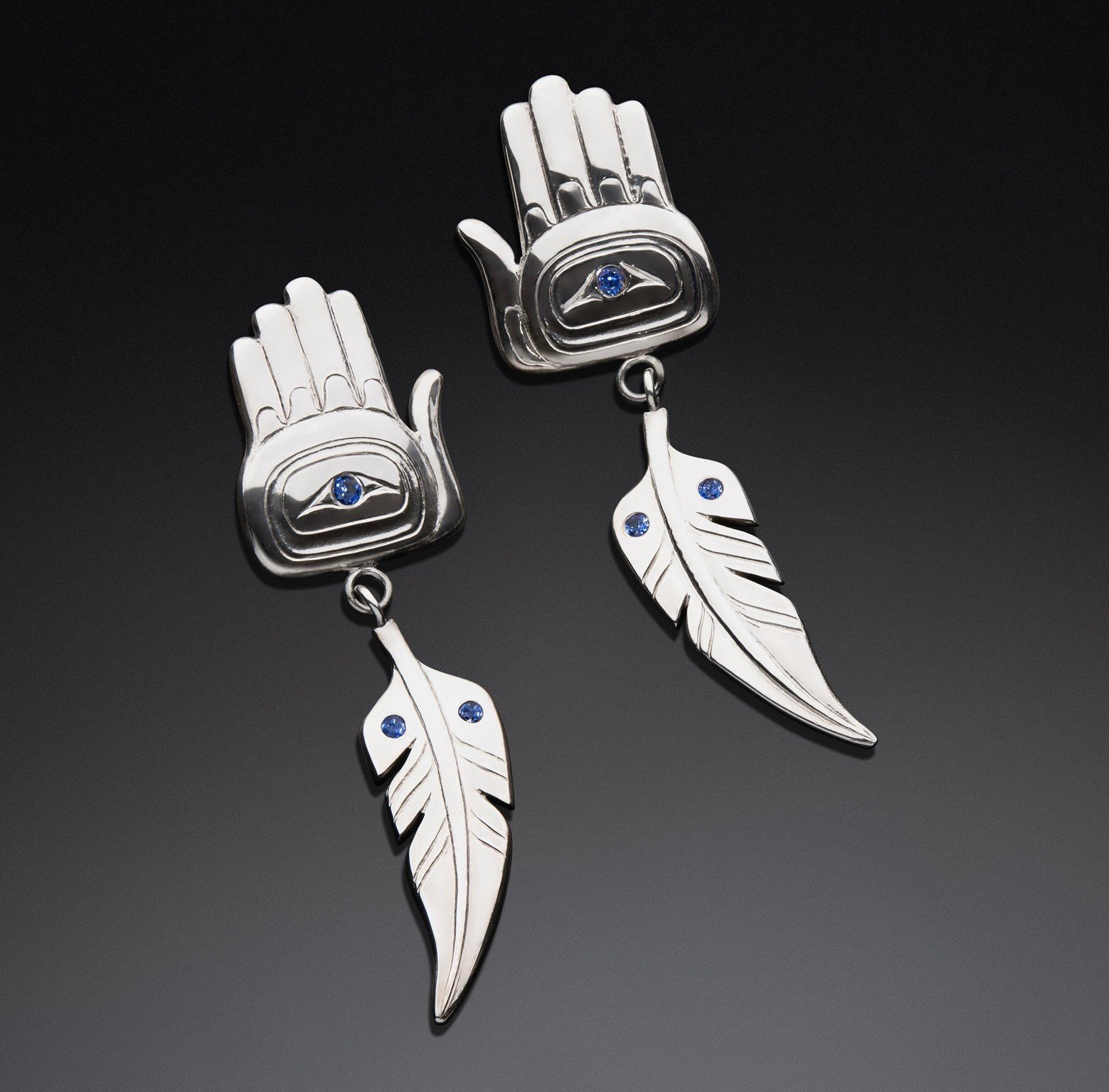 Repousse Spirit Hand and Feather Earrings