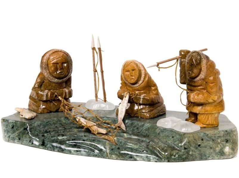 Soapstone Three Inuit Fishermen