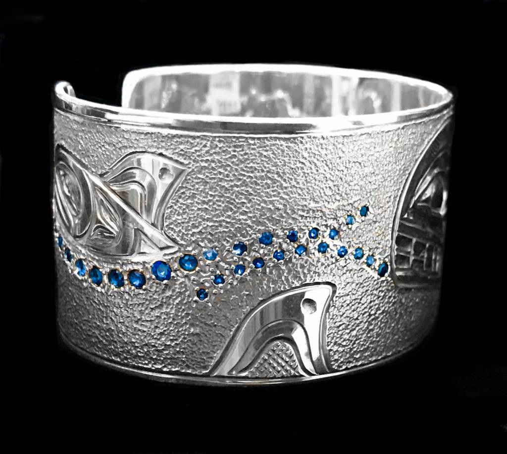 Silver Orca Pod Bracelet with Sapphire Waves