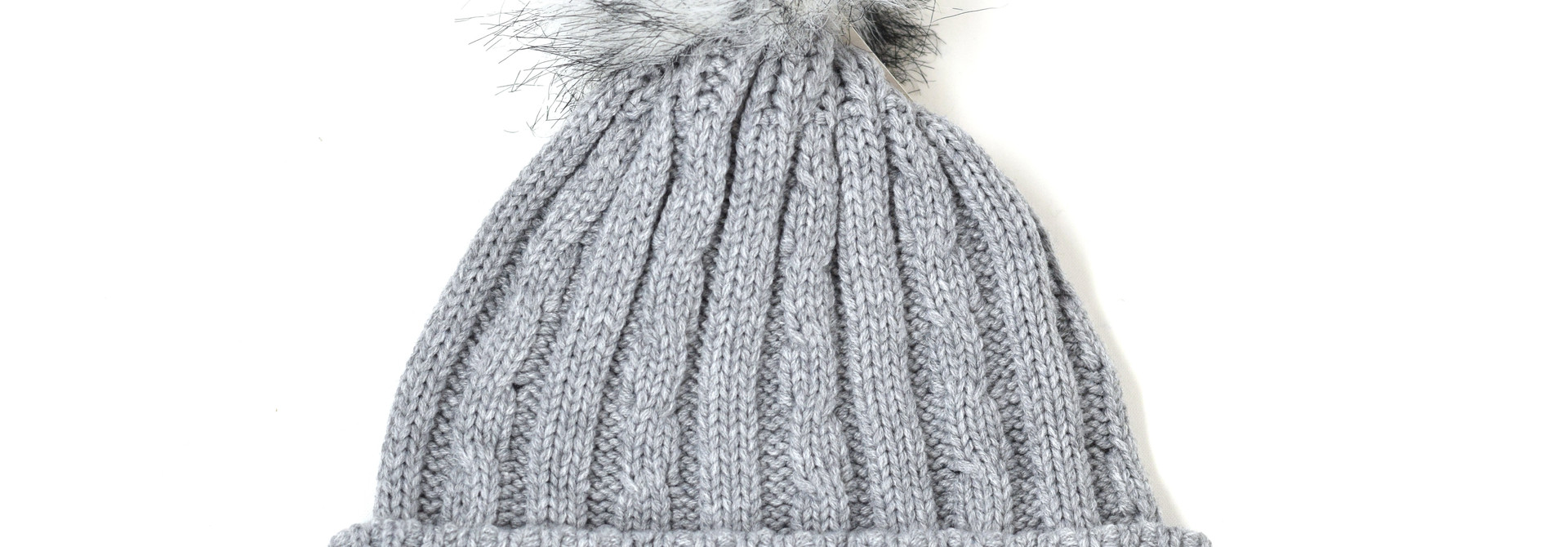 Gray Beanie Faux Fur Pom with BC on mountains