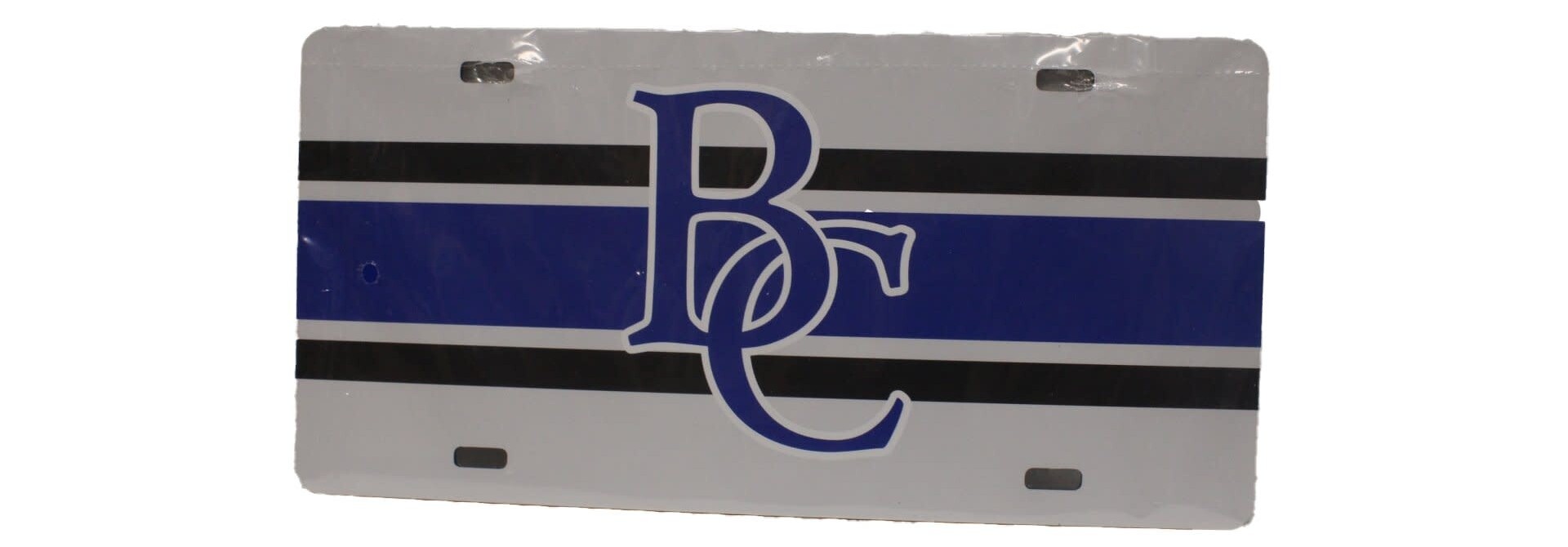 License Plate, BC White w/ Black and Royal Stripes