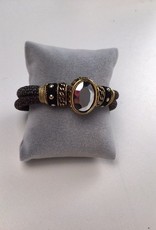 Brown Faux Leather Bracelet With Metallic Grey Stone