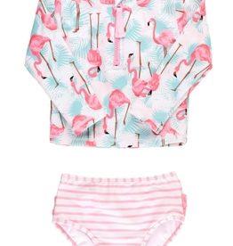 Ruffle Butts/Rugged Butts Vibrant Flamingo LS Zipper Rash Guard 2-Piece Swimsuit