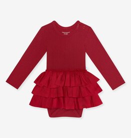 Posh Peanut Solid Ribbed Dark Red LS Tulle Skirt Bodysuit