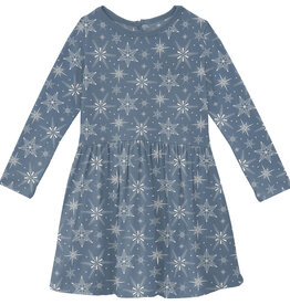 Kickee Pants Print Long Sleeve Twirl Dress Parisian Blue Snowflakes