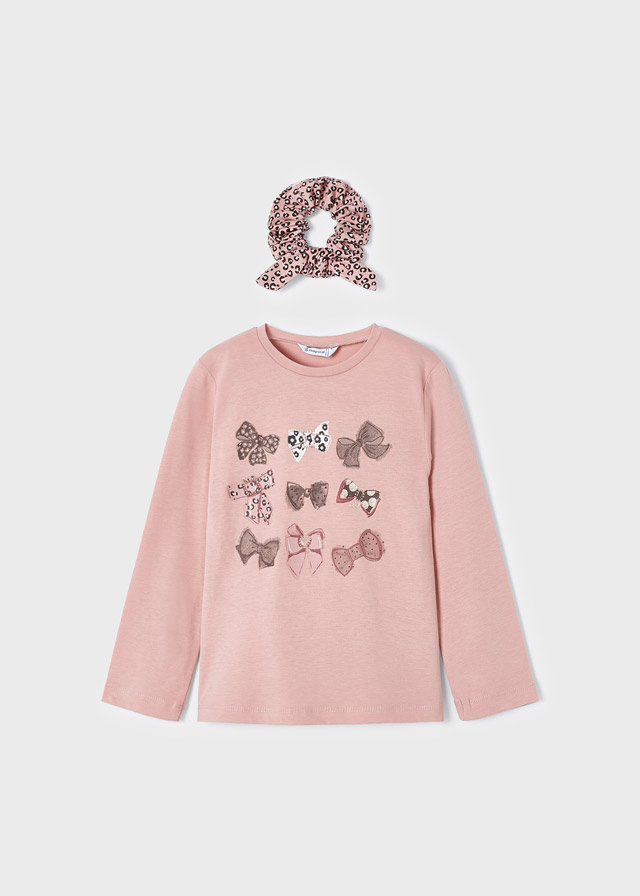 Mayoral Bows Graphic Long Sleeve T-Shirt Nude Pink with Scrunchie