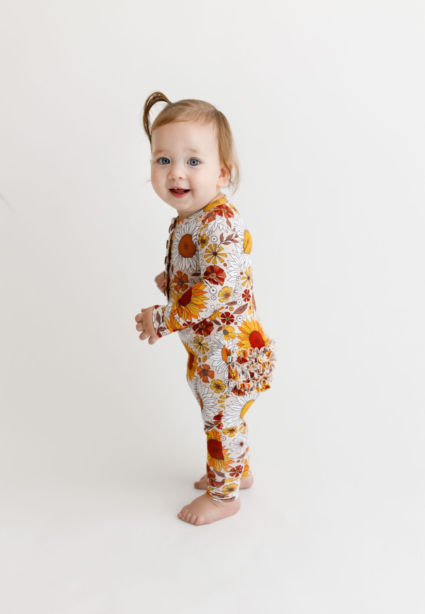 Goldie Long Sleeve Ruffled Henley Romper - little orange fish