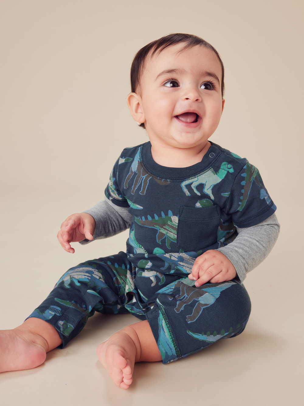 Watercolor Dinosaurs Layered Sleeve Baby Romper little orange fish