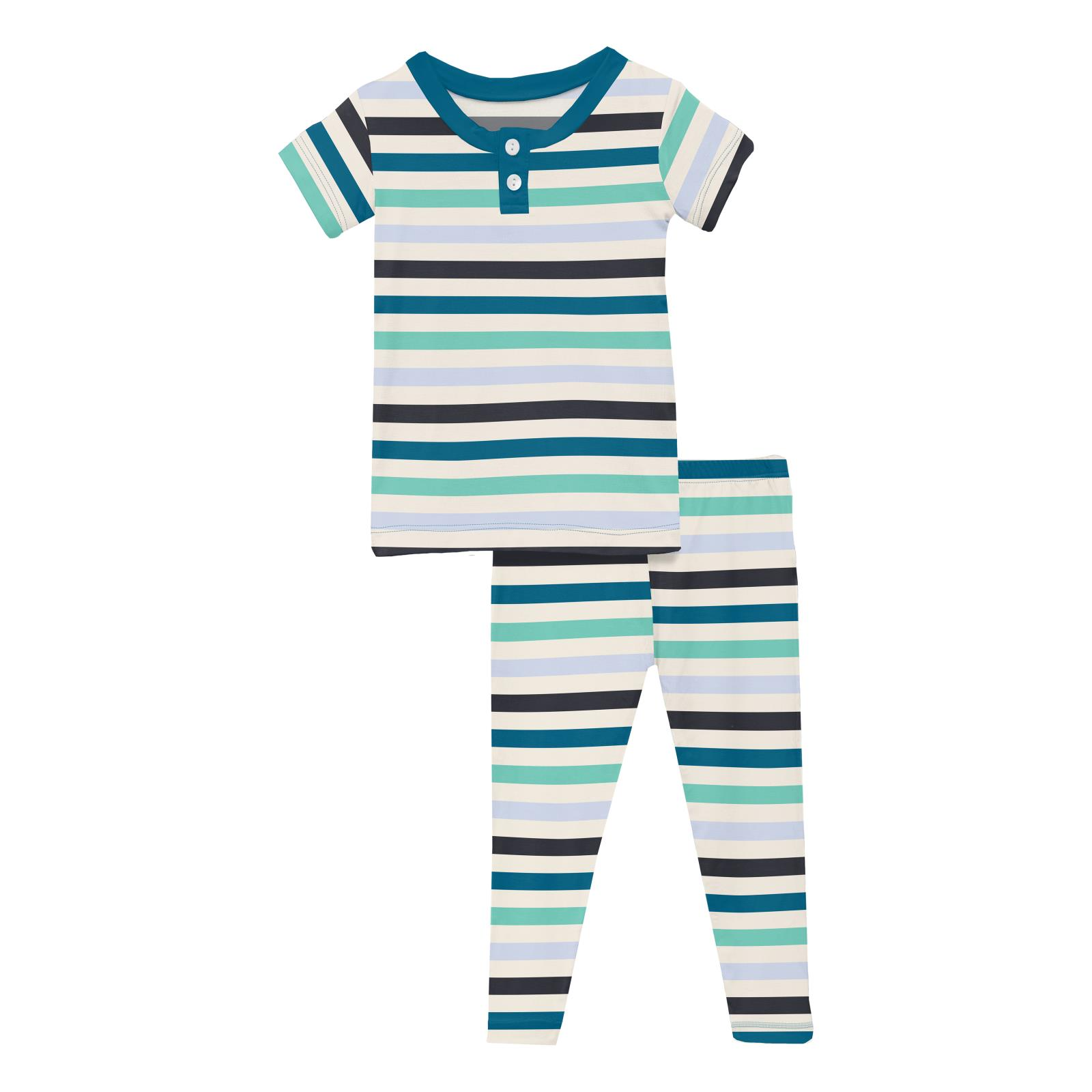 Kickee Pants Print Short Sleeve Henley Pajama Set Little Boy Blue Stripe