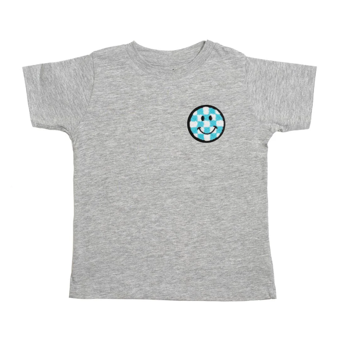 Sweet Wink Smiley Checker Patch Short Sleeve T-Shirt Gray