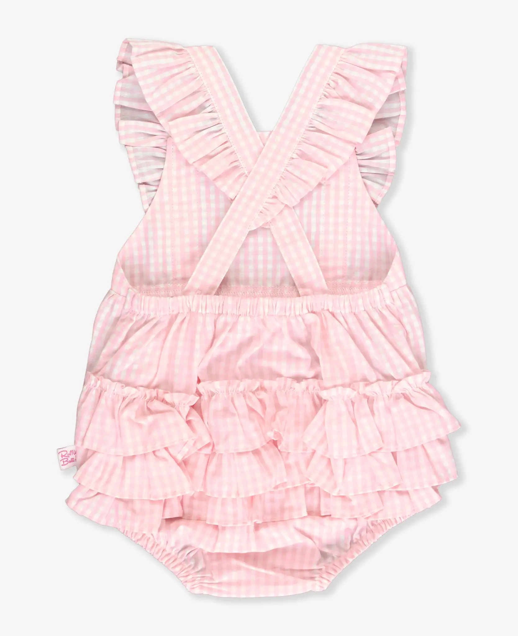 Ruffle Butts/Rugged Butts Pinafore Cross-Back Woven Romper Pink Gingham