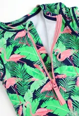 Ruffle Butts/Rugged Butts Short Sleeve Rash Guard One Piece Swimsuit Flamingo Frenzy