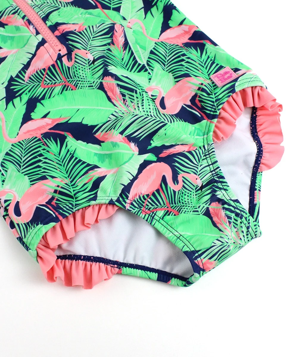 Ruffle Butts/Rugged Butts Short Sleeve Rash Guard One Piece Swimsuit Flamingo Frenzy