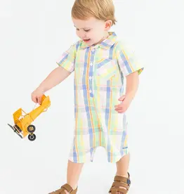 Ruffle Butts/Rugged Butts SS Woven Button-Up Romper Clubhouse Rainbow Plaid