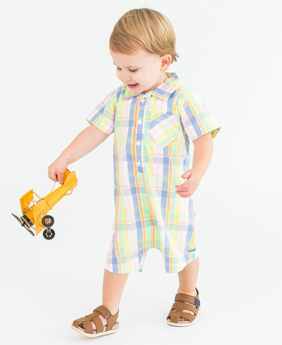 Ruffle Butts/Rugged Butts SS Woven Button-Up Romper Clubhouse Rainbow Plaid