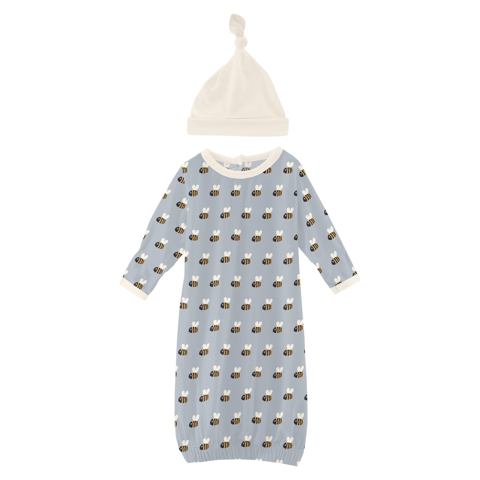 Kickee Pants Print Layette Gown & Single Knot Hat Set Pearl Blue Baby Bumblebee
