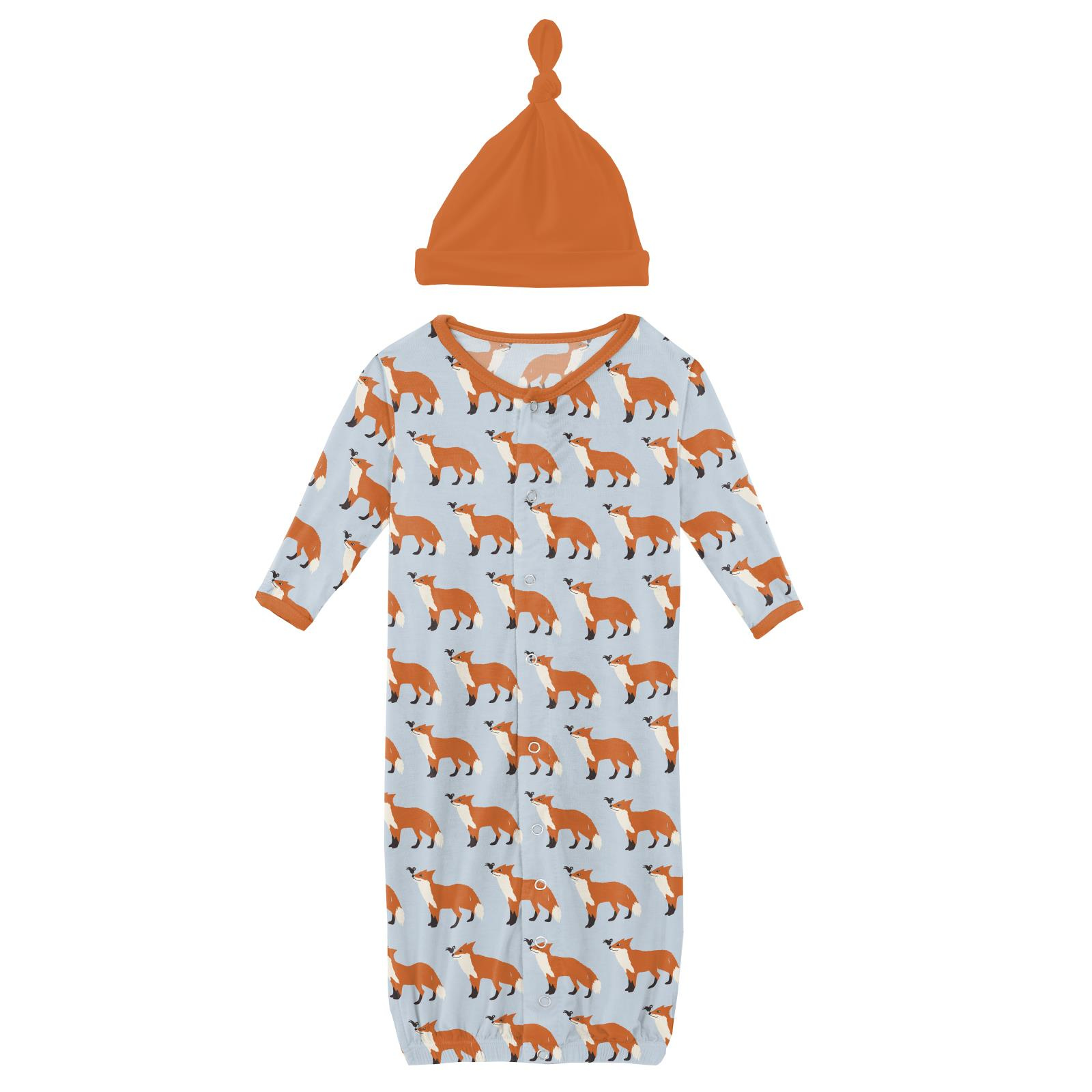 Print Layette Gown Converter Single Knot Hat Set Illusion Blue Fox The Crow