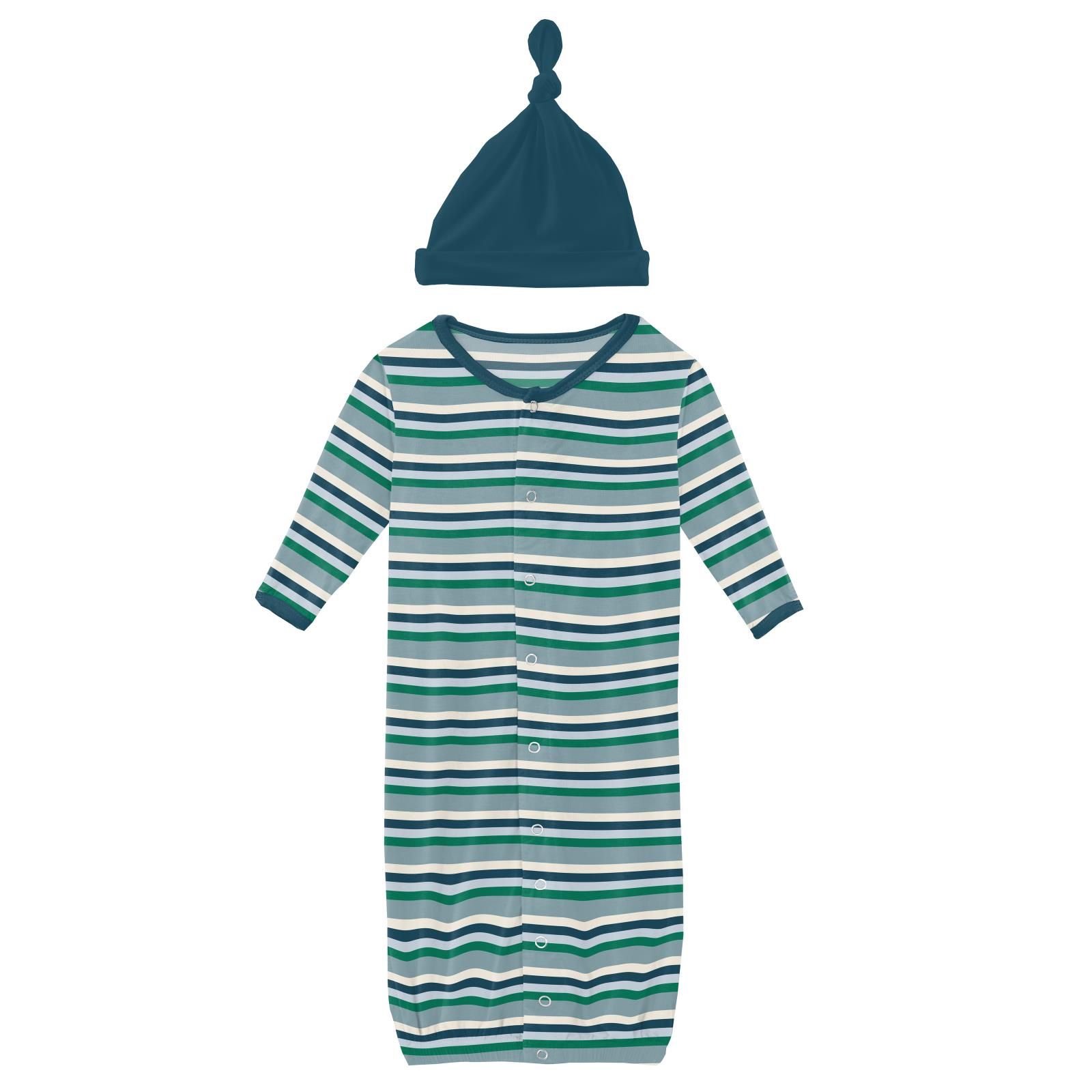 Kickee Pants Print Layette Gown Converter & Single Knot Hat Set Stormy Sea Stripe