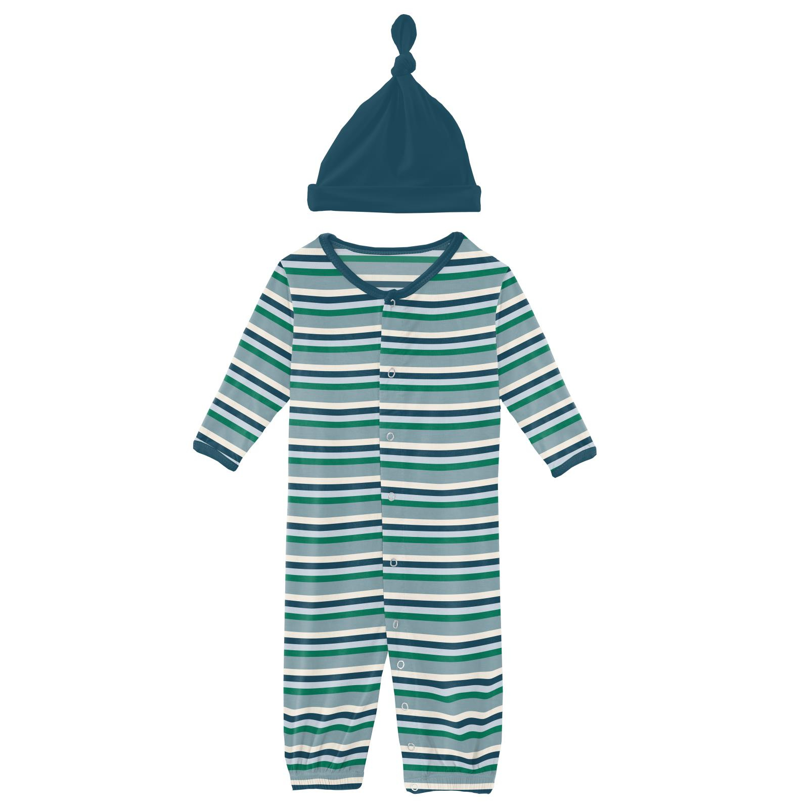 Kickee Pants Print Layette Gown Converter & Single Knot Hat Set Stormy Sea Stripe