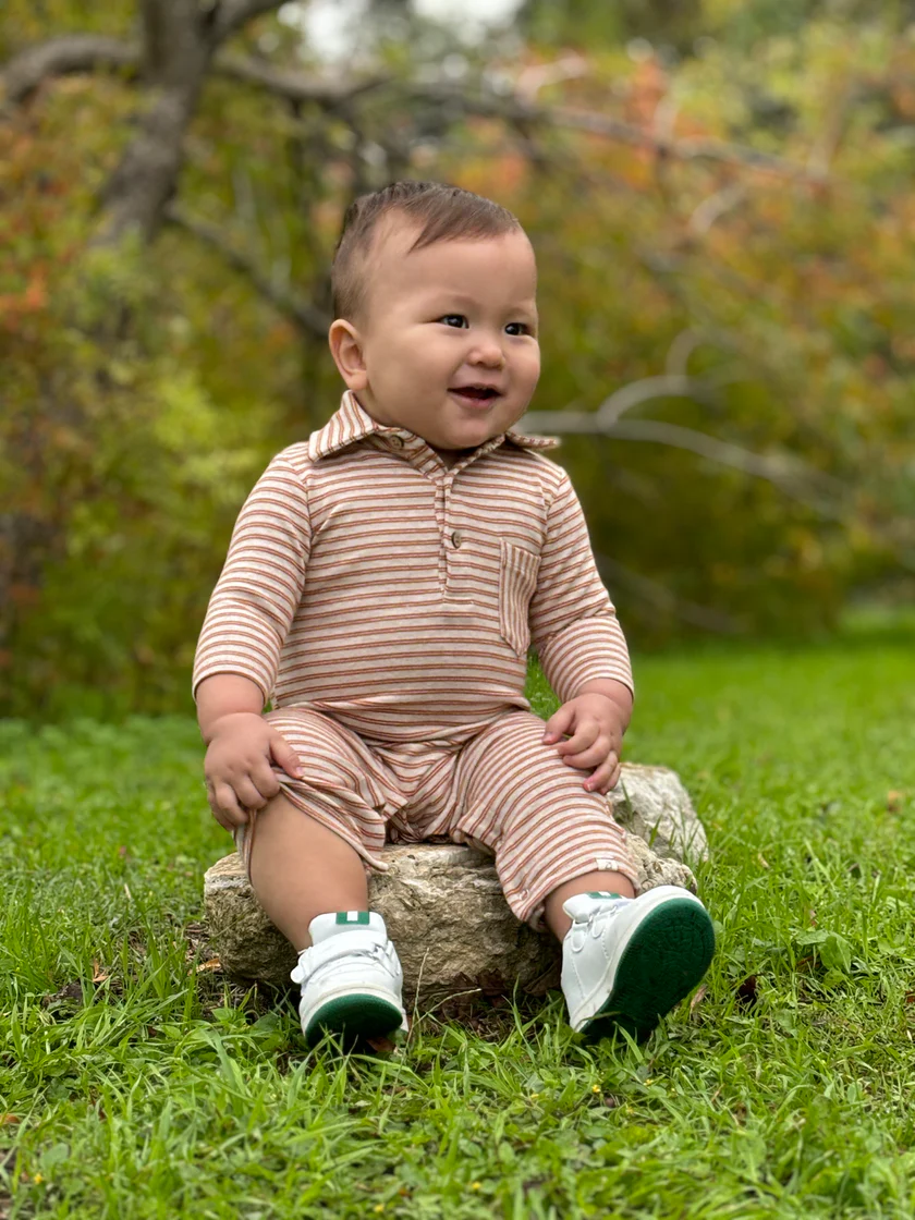 Me & Henry Kingston Polo Romper Pumpkin/Beige Double Stripe