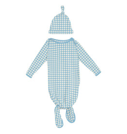 Kickee Pants Print Knotted Layette Gown & Hat Set Seaside Blue Gingham