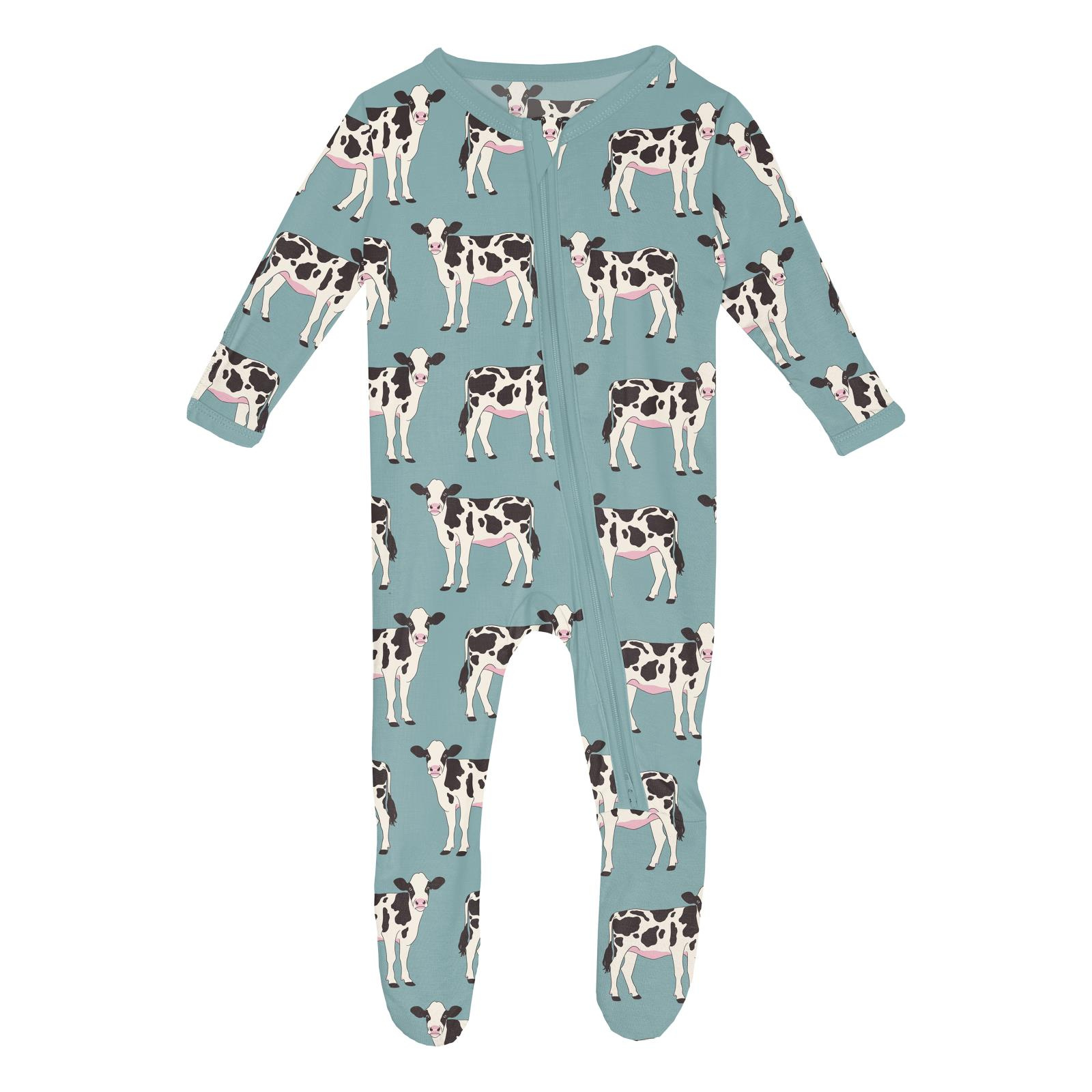 Kickee Pants Print Footie with 2 Way Zipper Jade Cows