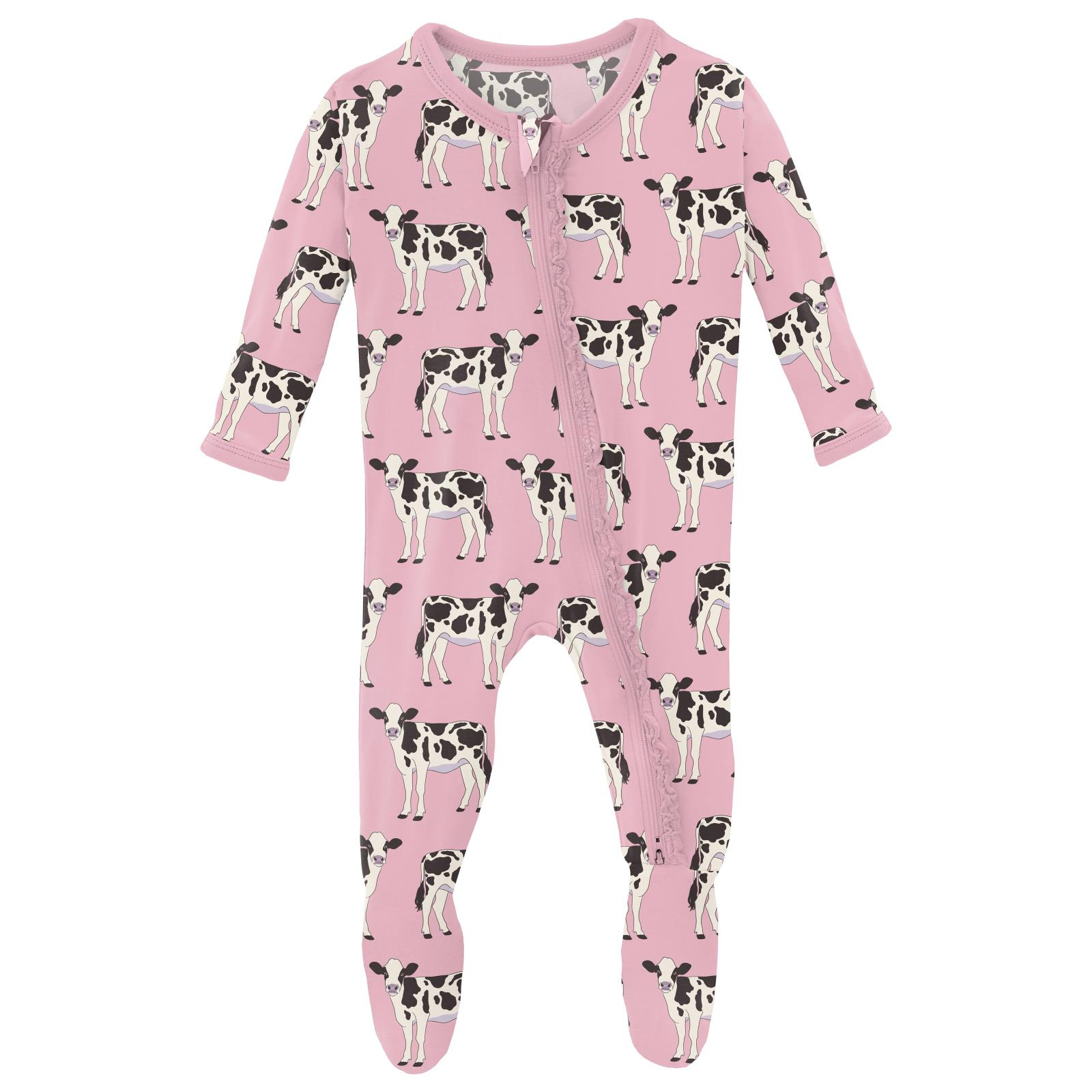 Kickee Pants Print Muffin Ruffle Footie with 2 Way Zipper Cake Pop Cows