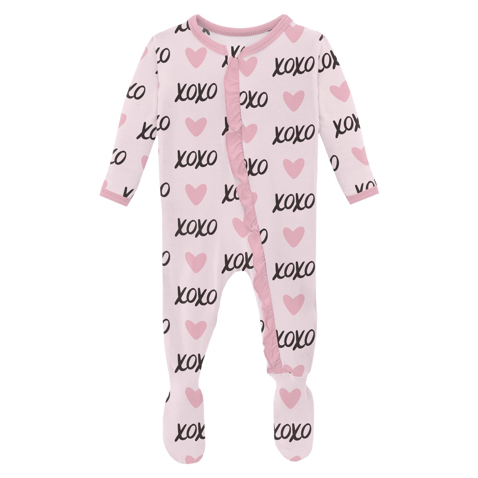 Kickee Pants Print Layette Ruffle Footie with 2 Way Zipper Shrinking Violet XOXO