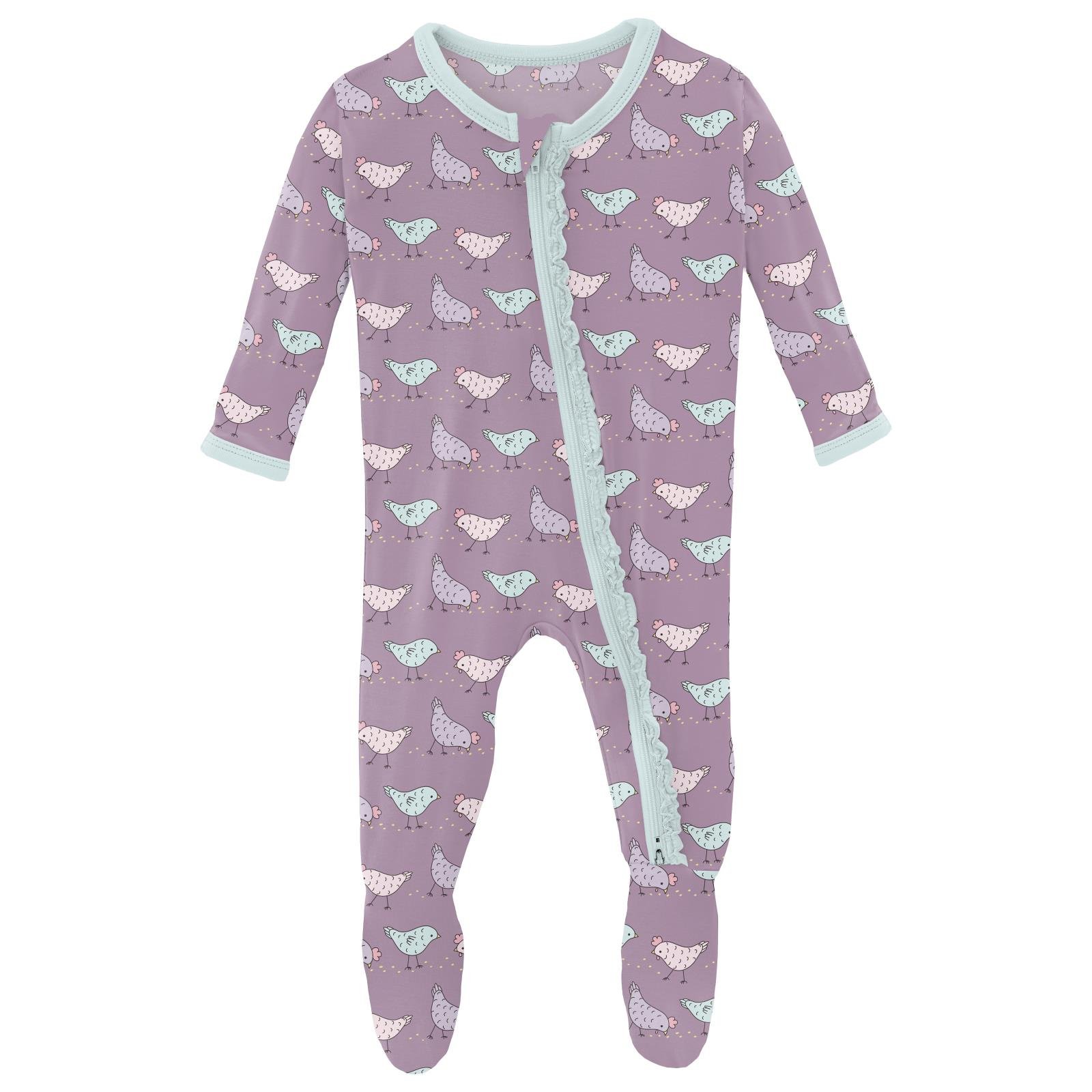 Kickee Pants Print Muffin Ruffle Footie with 2 Way Zipper Lavender Chickens