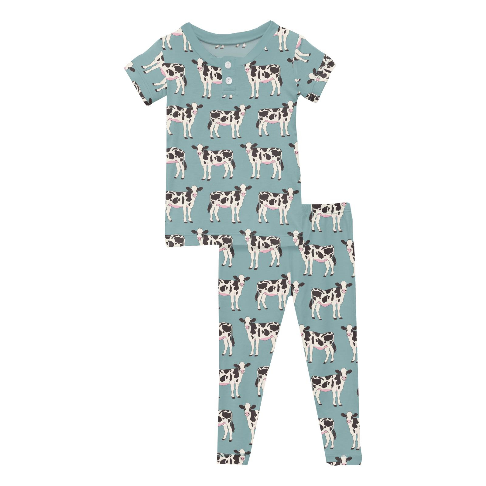 Kickee Pants Print Short Sleeve Henley Pajama Set Jade Cows