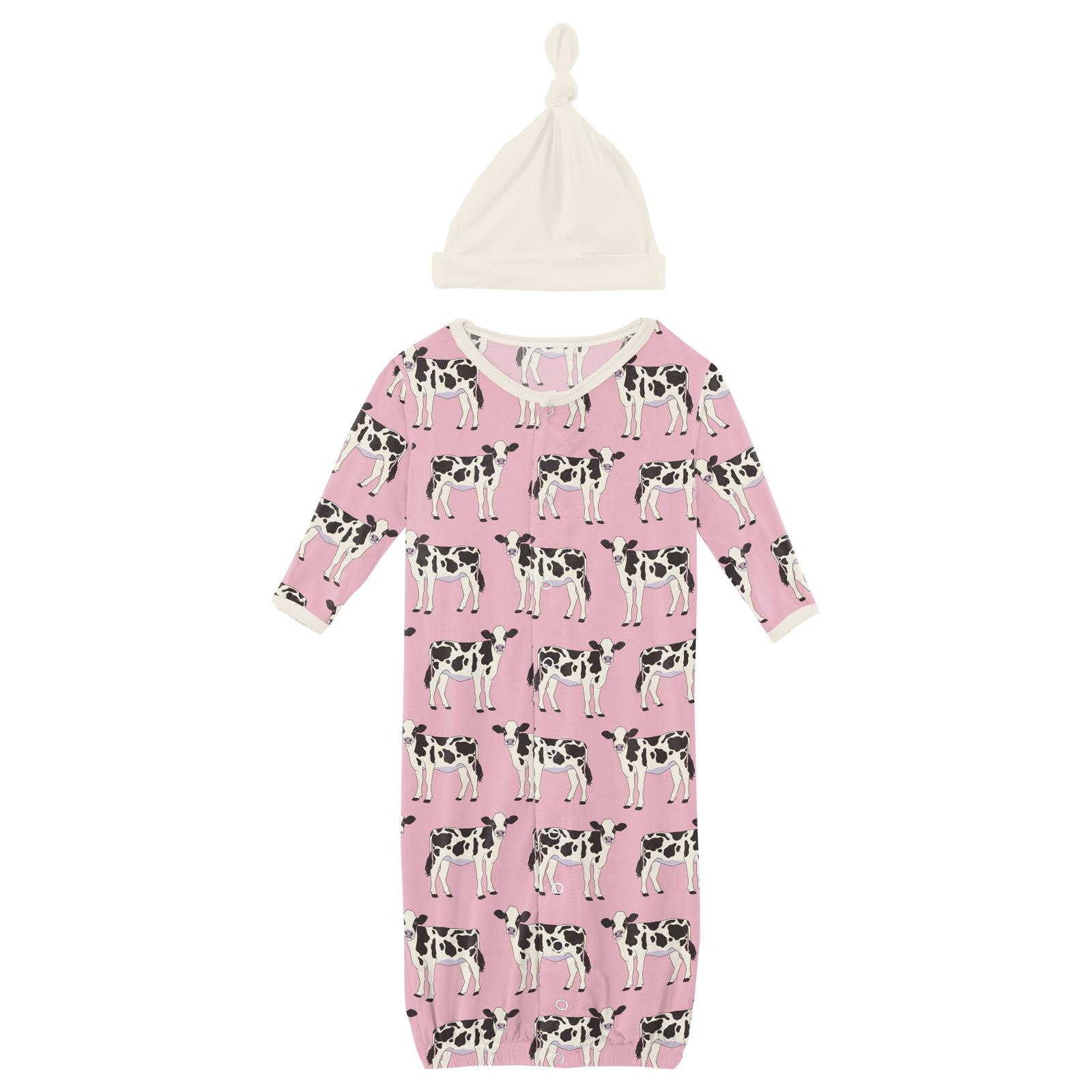 Kickee Pants Print Layette Gown Converter & Single Knot Hat Set Cake Pop Cows
