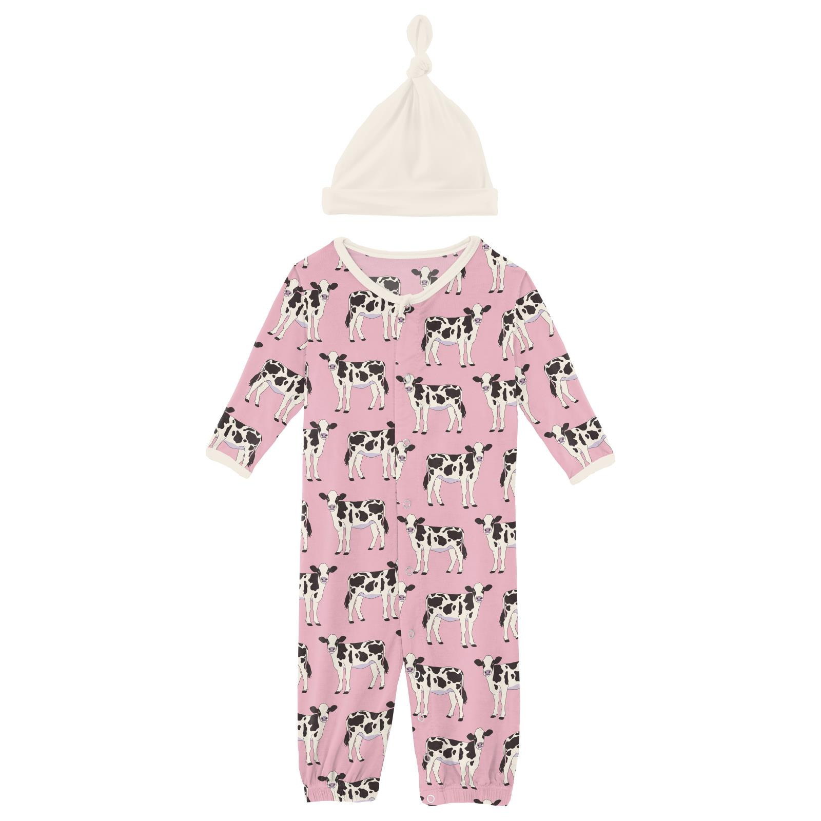 Kickee Pants Print Layette Gown Converter & Single Knot Hat Set Cake Pop Cows