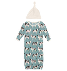 Kickee Pants Print Layette Gown Converter & Single Knot Hat Set Jade Cows