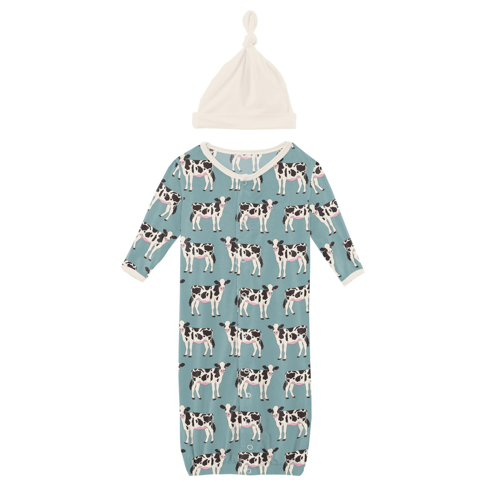 Kickee Pants Print Layette Gown Converter & Single Knot Hat Set Jade Cows