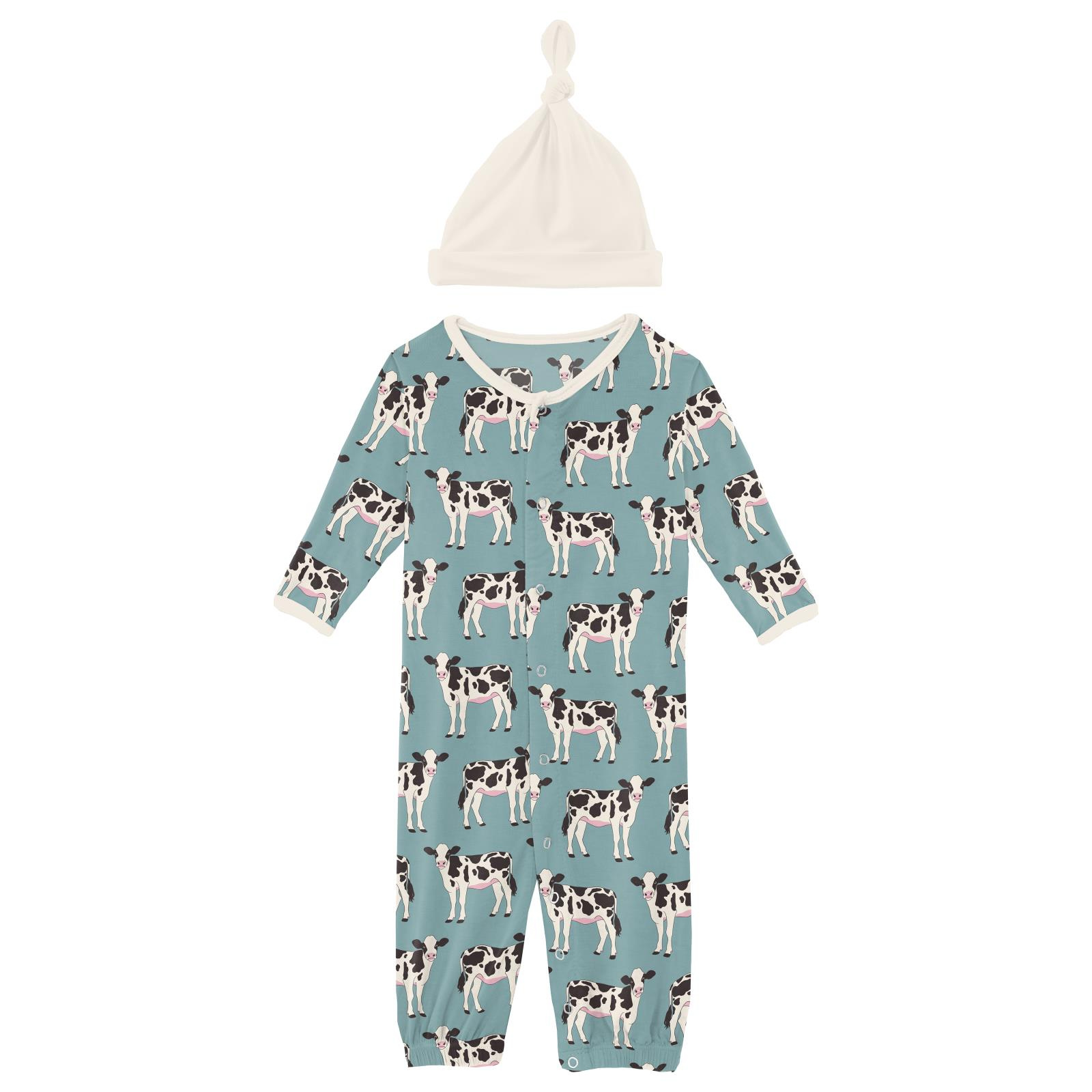 Kickee Pants Print Layette Gown Converter & Single Knot Hat Set Jade Cows