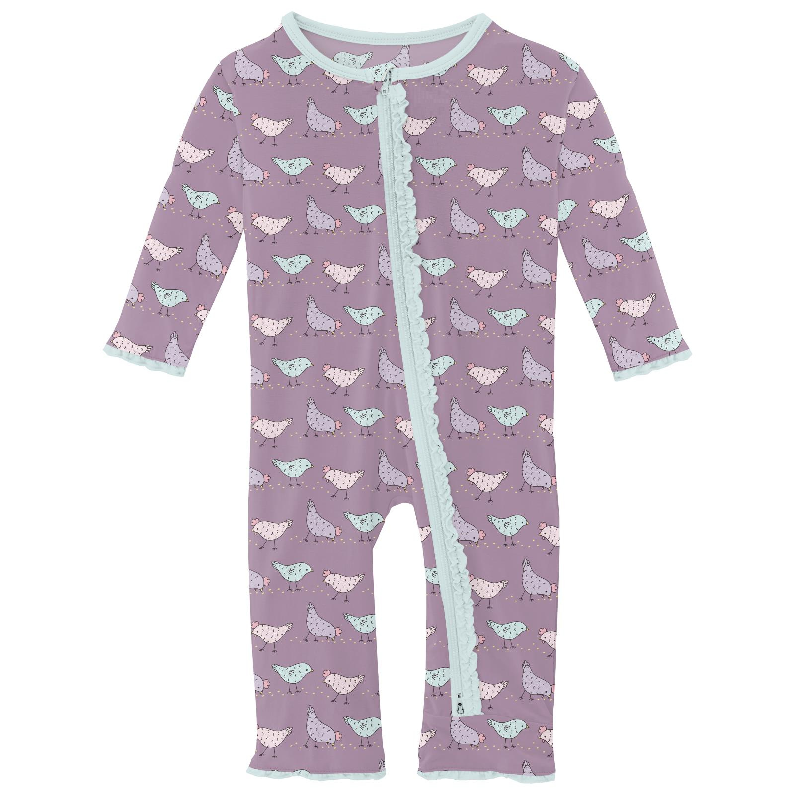 Kickee Pants Print Muffin Ruffle Coverall with 2 Way Zipper Lavender Chickens