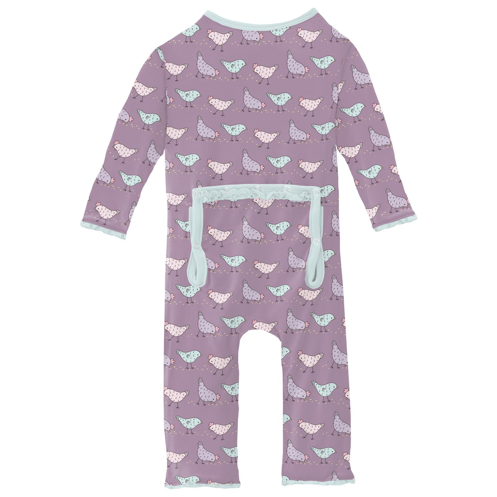 Kickee Pants Print Muffin Ruffle Coverall with 2 Way Zipper Lavender Chickens