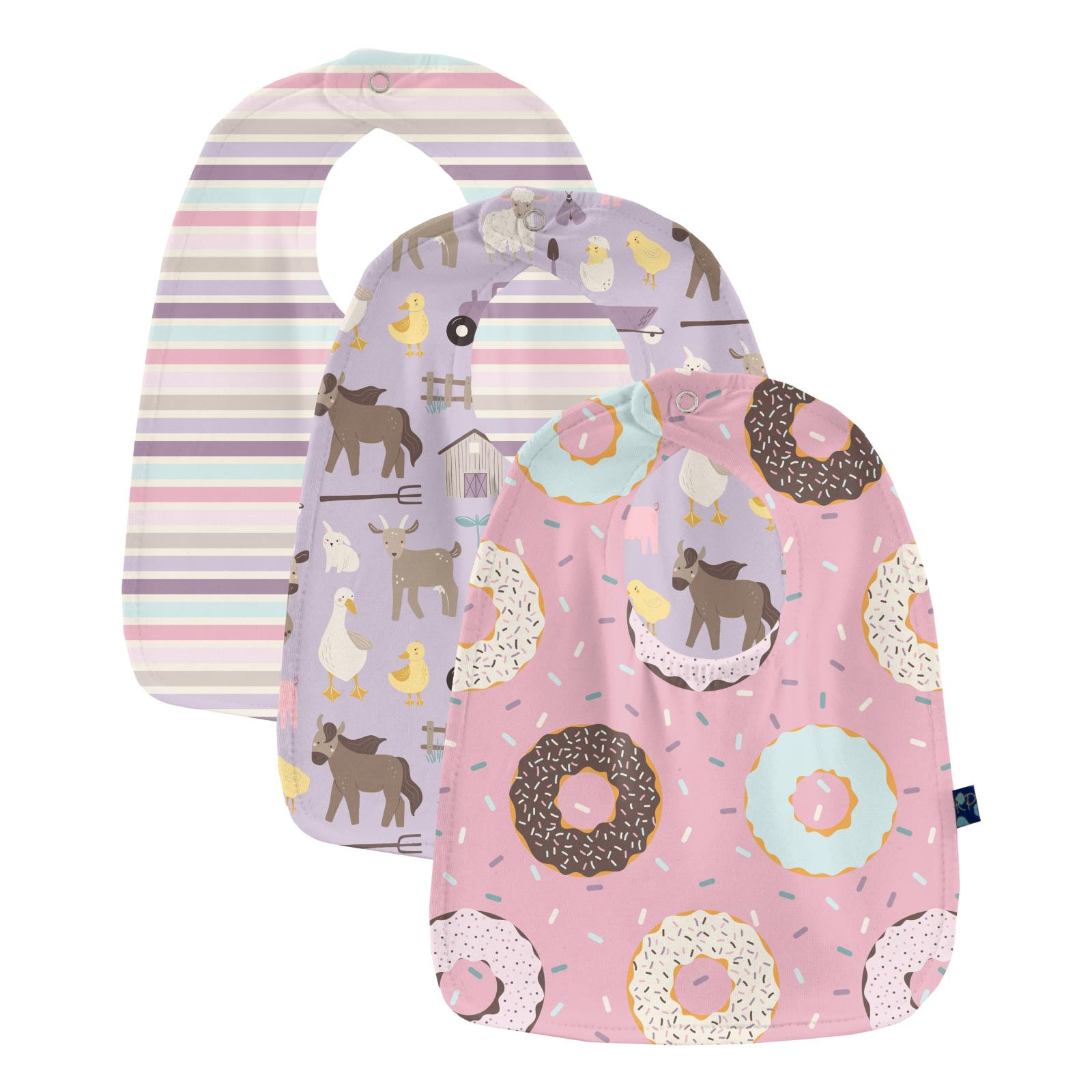 Kickee Pants Print Bib Set of 3 Cake Pop Donuts and Sprinkles, Ice Cream Stripe & Thistle Morning on the Farm